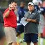 Tampa Bay Buccaneers head coach Greg Schiano, left, and New England Patriots head coach Bill Belichick talk during team practice in Tampa, Fla., Wednesday, Aug. 22, 2012. The Patriots and Buccaneers practiced together. (AP Photo/The Tampa Tribune, Cliff McBride) ST. PETE LAKELAND BRADENTON OUT MAGS OUT